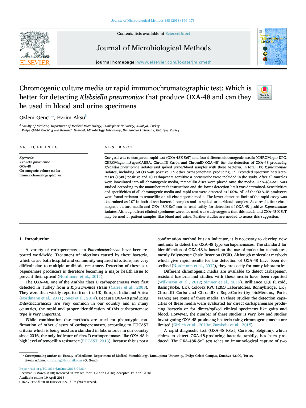 Chromogenic culture media or rapid immunochromatographic test: Which is better for detecting Klebsiella pneumoniae that produce OXA-48 and can they be used in blood and urine specimens