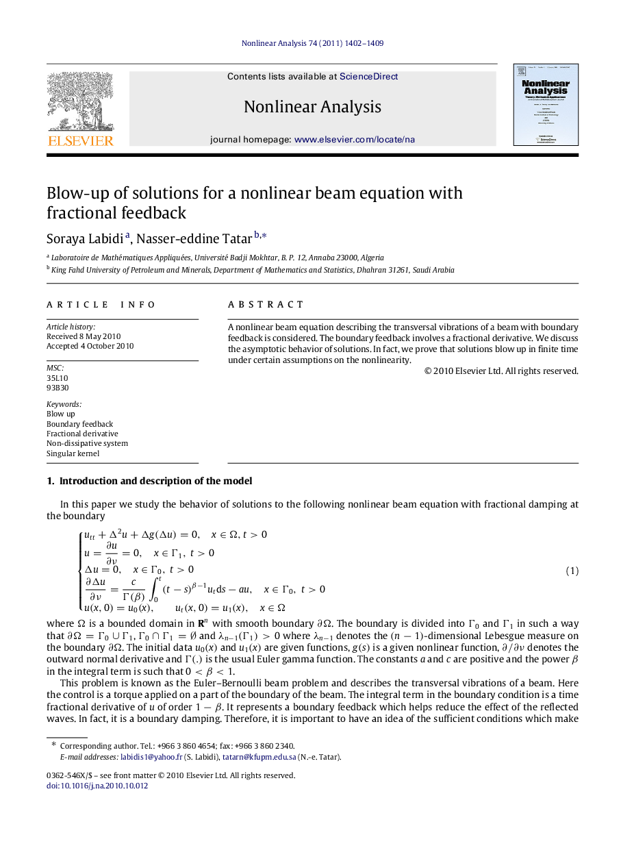 Blow-up of solutions for a nonlinear beam equation with fractional feedback