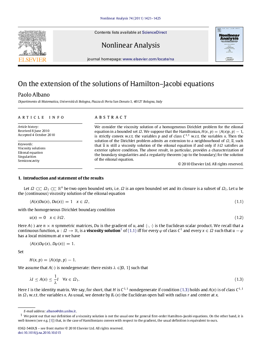 On the extension of the solutions of Hamilton-Jacobi equations