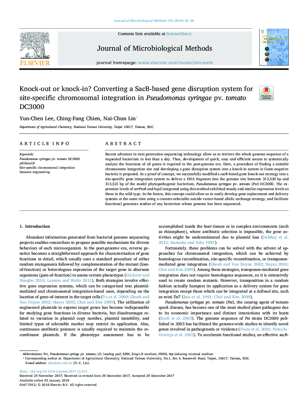 Knock-out or knock-in? Converting a SacB-based gene disruption system for site-specific chromosomal integration in Pseudomonas syringae pv. tomato DC3000