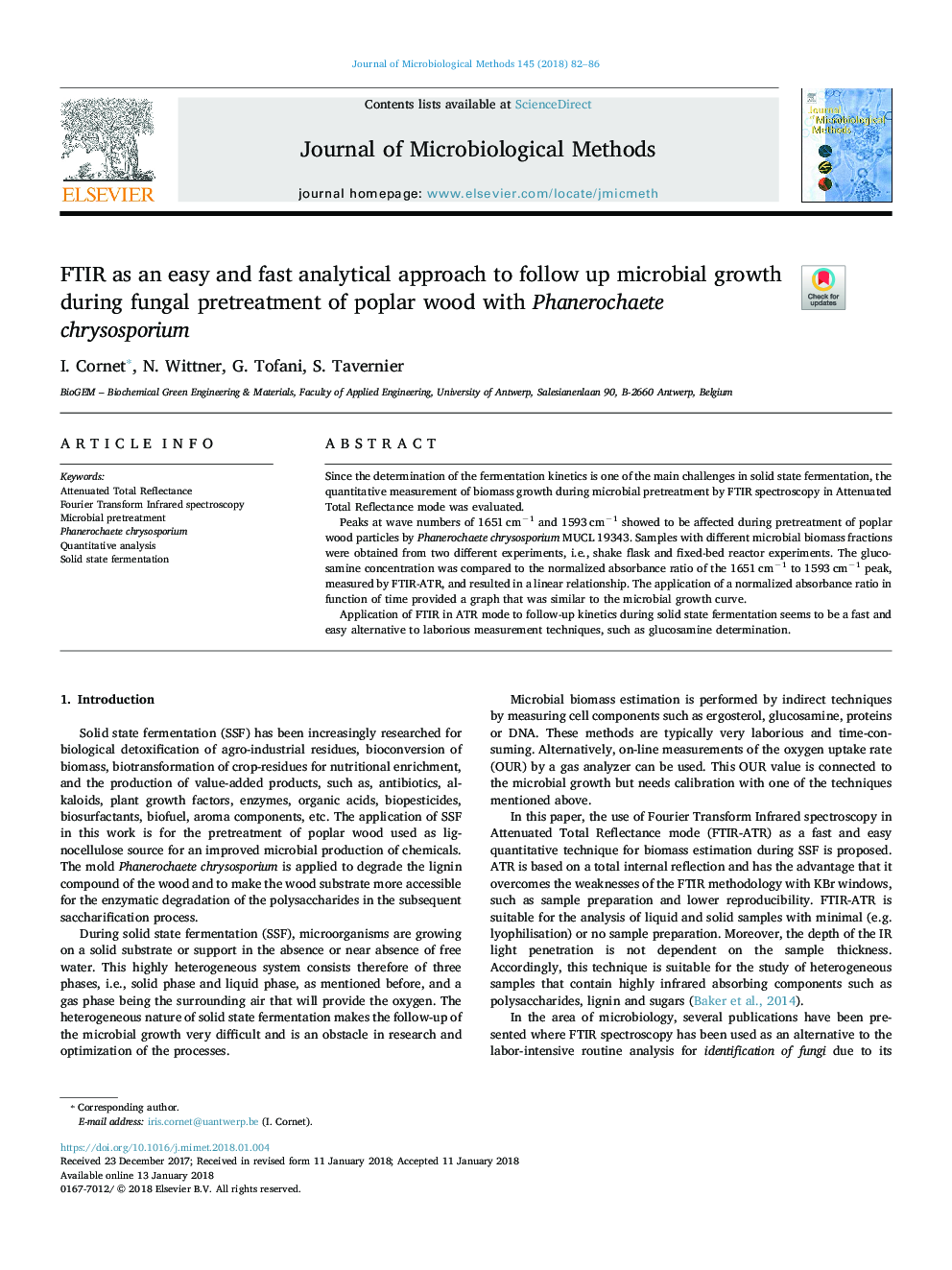 FTIR as an easy and fast analytical approach to follow up microbial growth during fungal pretreatment of poplar wood with Phanerochaete chrysosporium