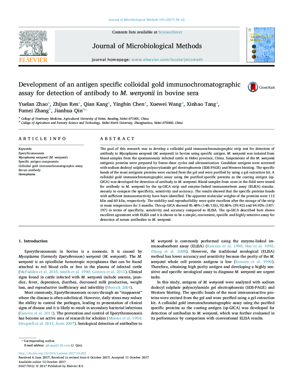 Development of an antigen specific colloidal gold immunochromatographic assay for detection of antibody to M. wenyonii in bovine sera