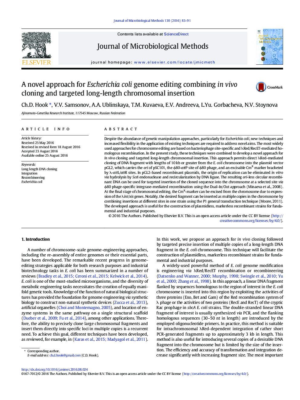 A novel approach for Escherichia coli genome editing combining in vivo cloning and targeted long-length chromosomal insertion