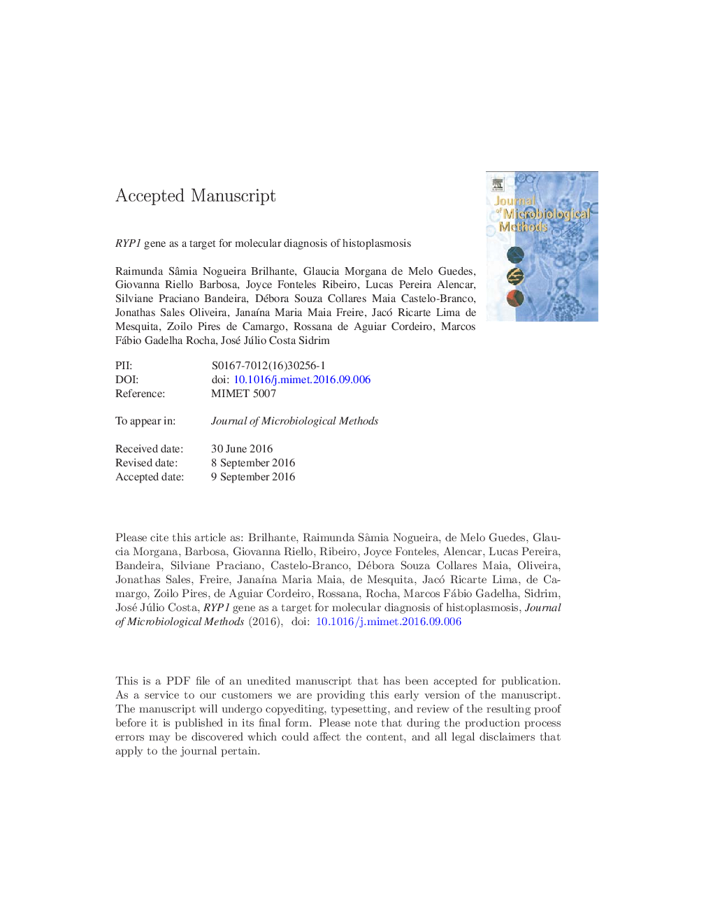 RYP1 gene as a target for molecular diagnosis of histoplasmosis