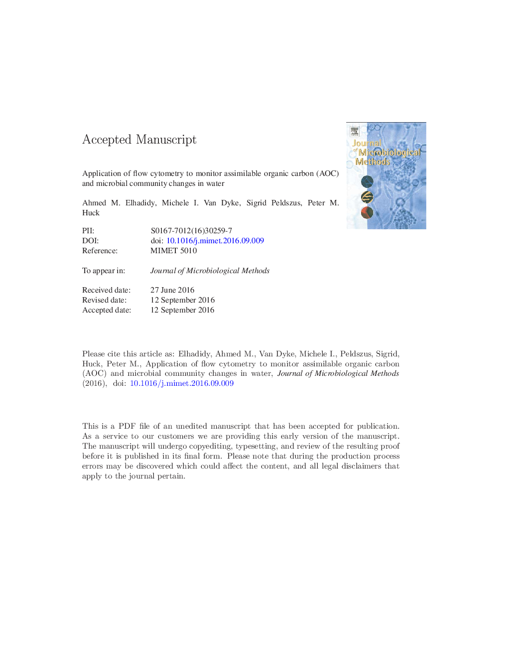 Application of flow cytometry to monitor assimilable organic carbon (AOC) and microbial community changes in water