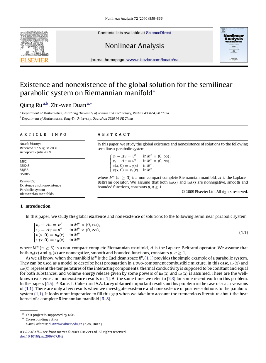 Existence and nonexistence of the global solution for the semilinear parabolic system on Riemannian manifold 