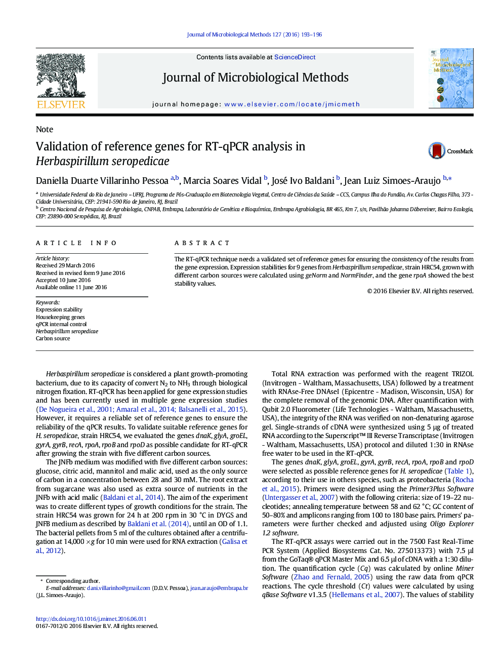 Validation of reference genes for RT-qPCR analysis in Herbaspirillum seropedicae