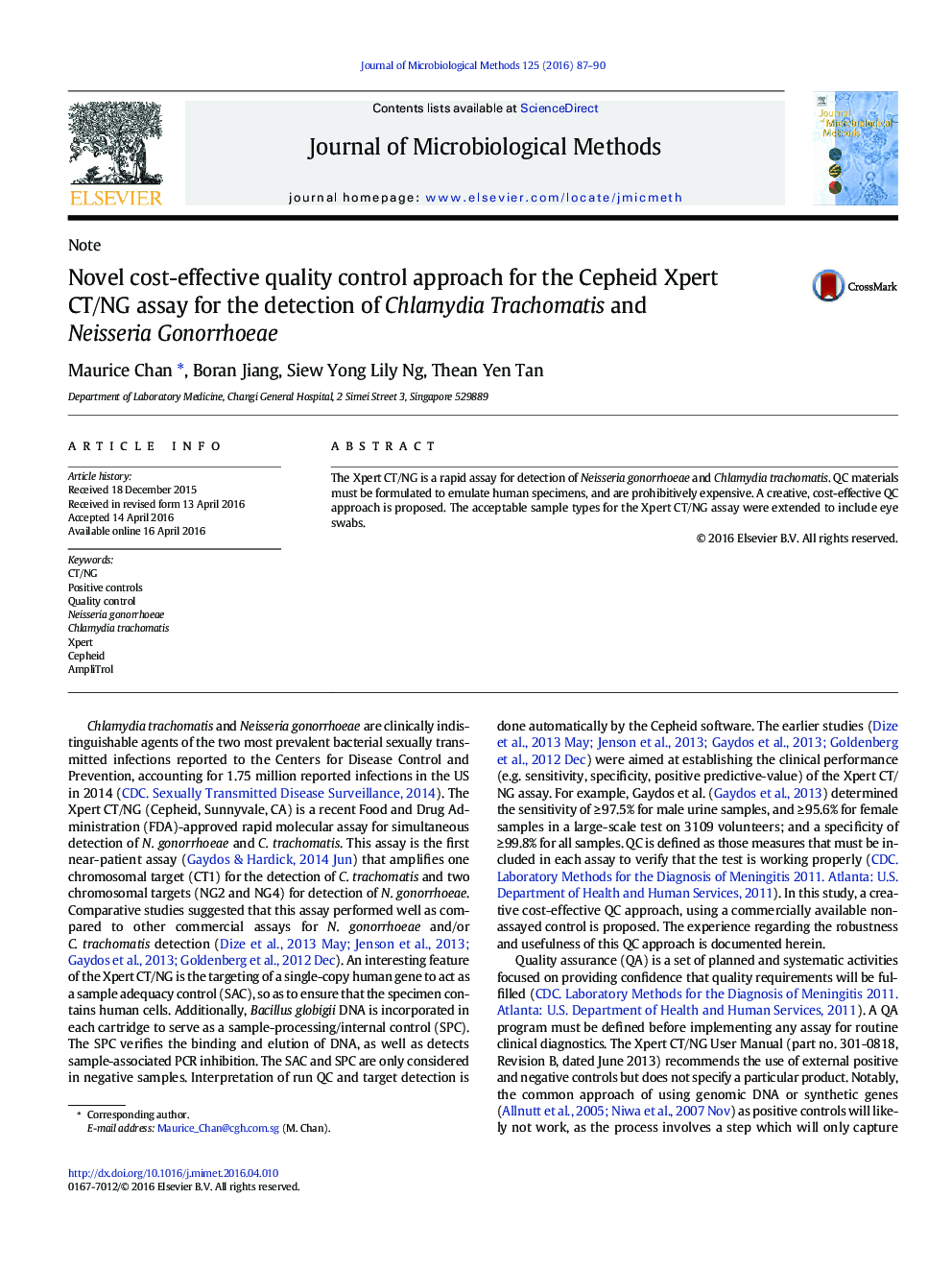 Novel cost-effective quality control approach for the Cepheid Xpert CT/NG assay for the detection of Chlamydia Trachomatis and Neisseria Gonorrhoeae