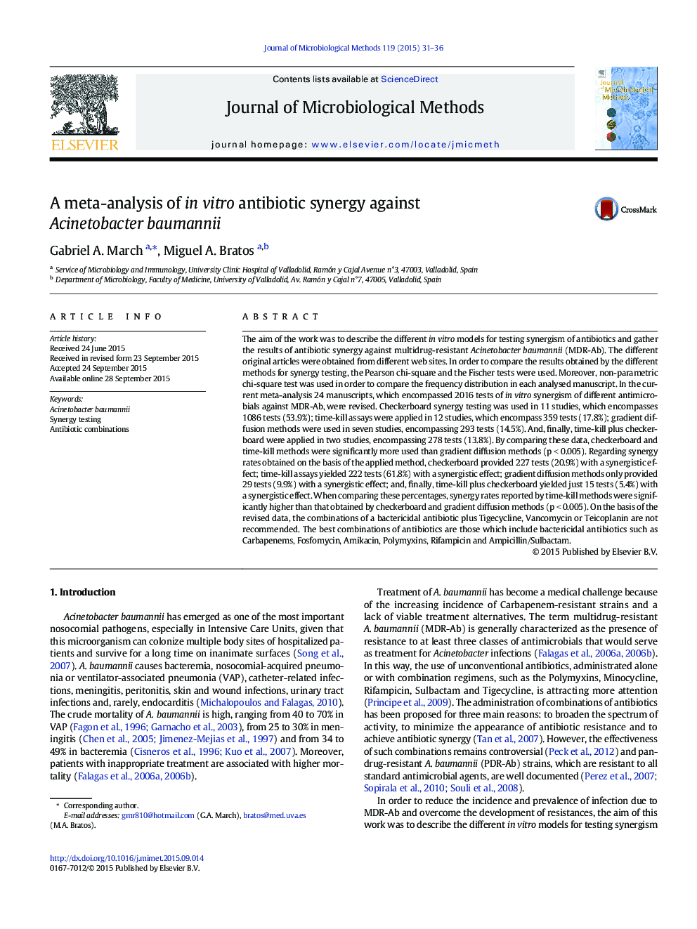 A meta-analysis of in vitro antibiotic synergy against Acinetobacter baumannii