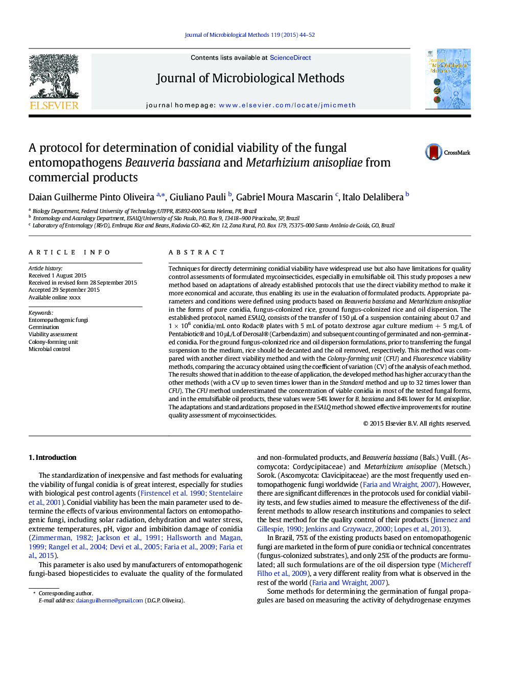 A protocol for determination of conidial viability of the fungal entomopathogens Beauveria bassiana and Metarhizium anisopliae from commercial products