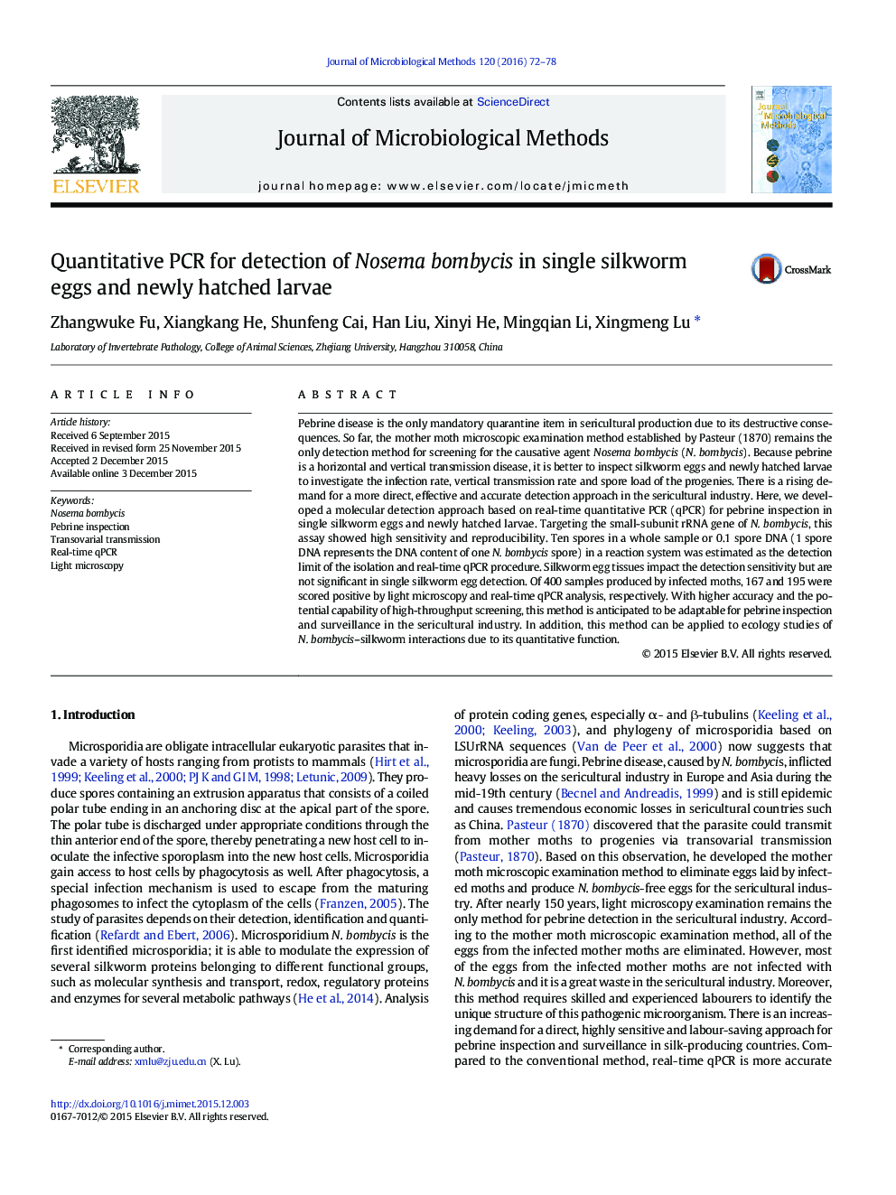 Quantitative PCR for detection of Nosema bombycis in single silkworm eggs and newly hatched larvae