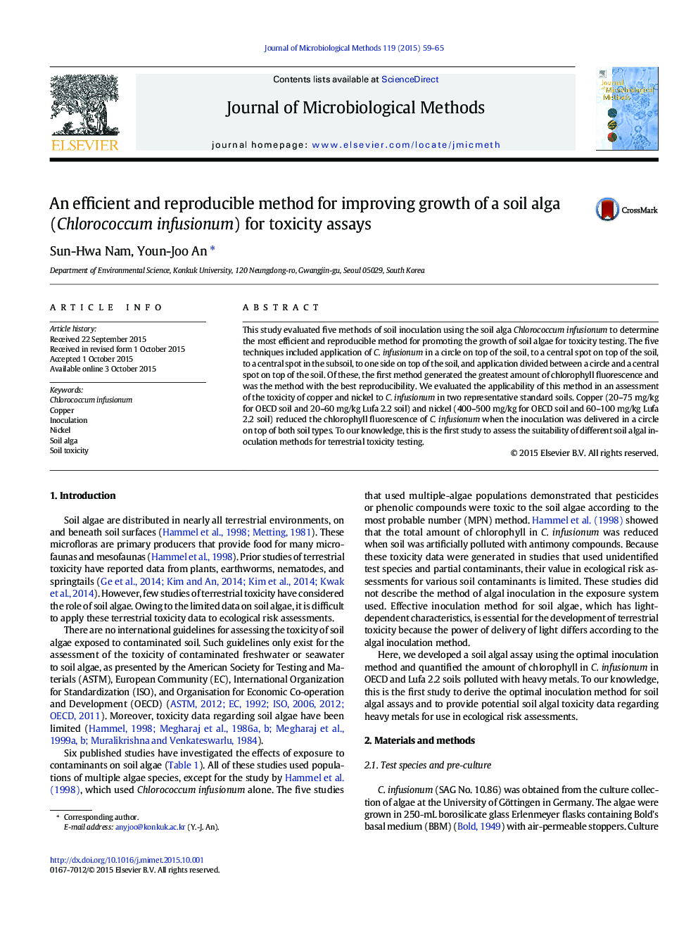 An efficient and reproducible method for improving growth of a soil alga (Chlorococcum infusionum) for toxicity assays