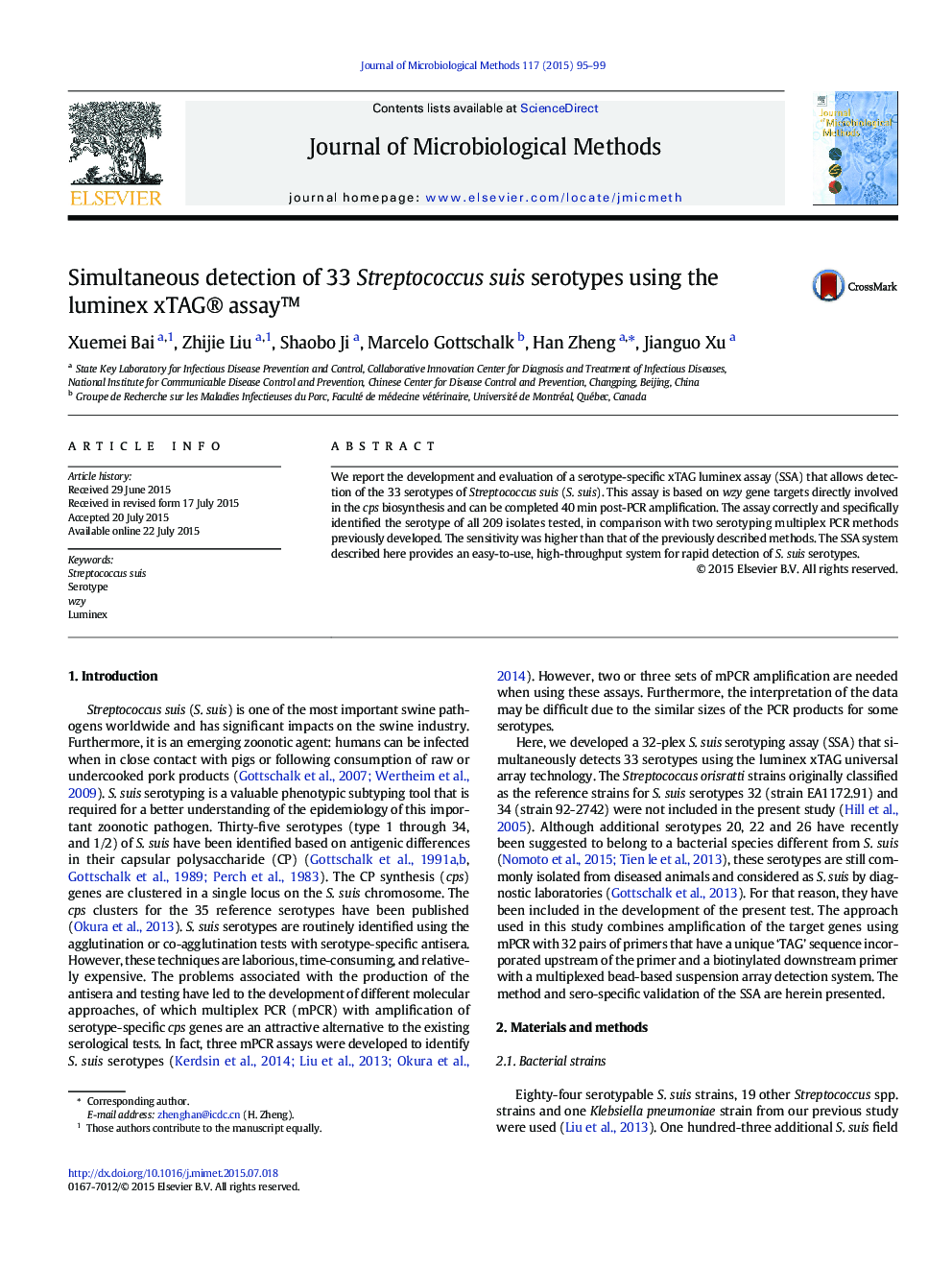 Simultaneous detection of 33 Streptococcus suis serotypes using the luminex xTAG® assayâ¢