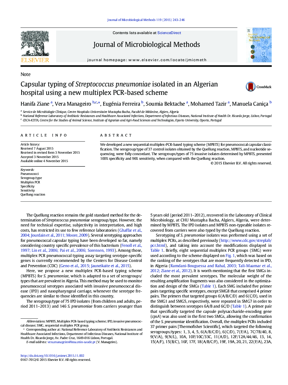 Capsular typing of Streptococcus pneumoniae isolated in an Algerian hospital using a new multiplex PCR-based scheme