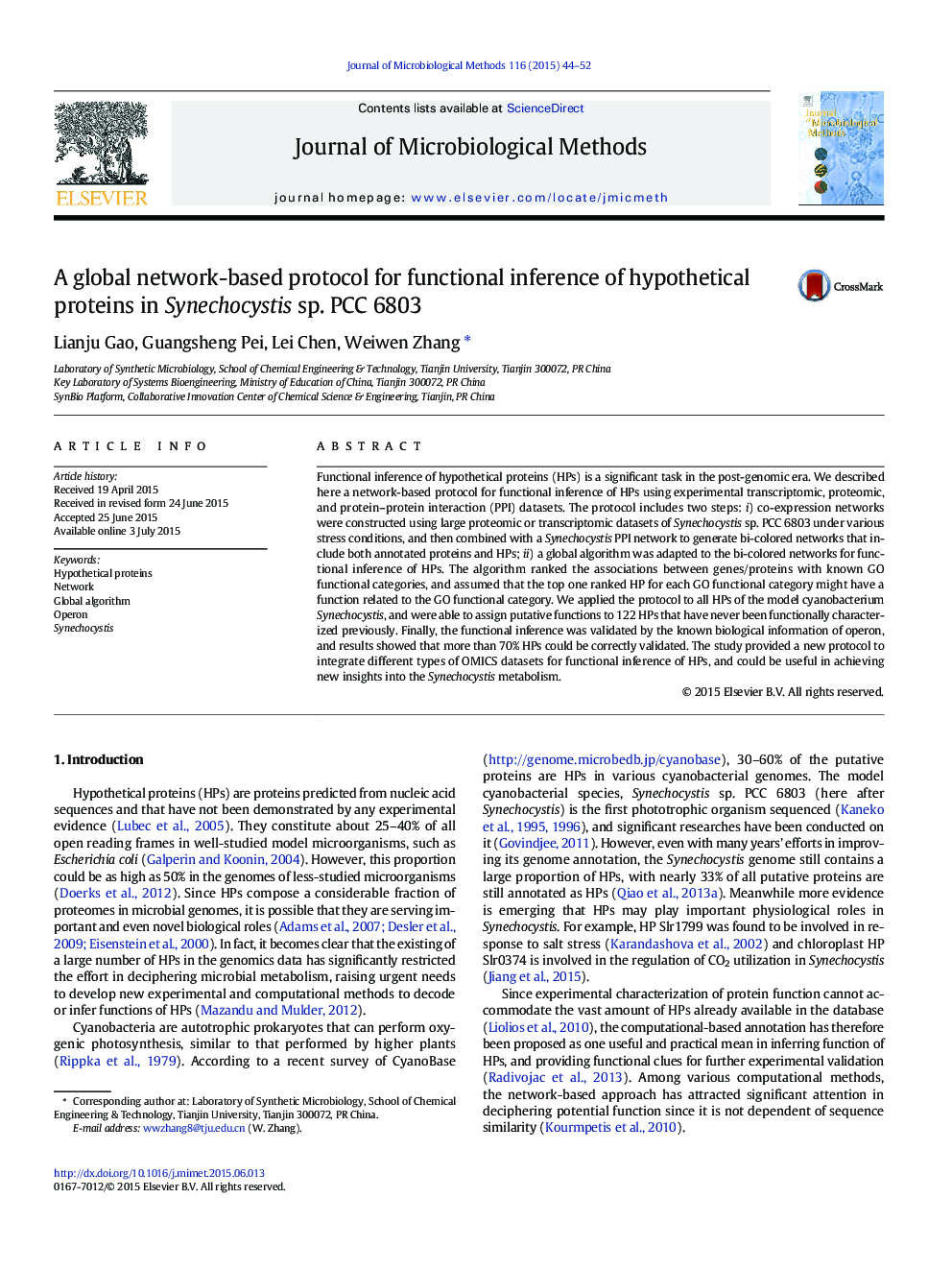 A global network-based protocol for functional inference of hypothetical proteins in Synechocystis sp. PCC 6803