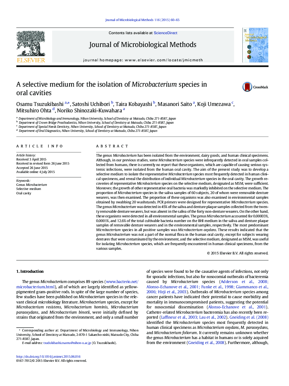 A selective medium for the isolation of Microbacterium species in oral cavities