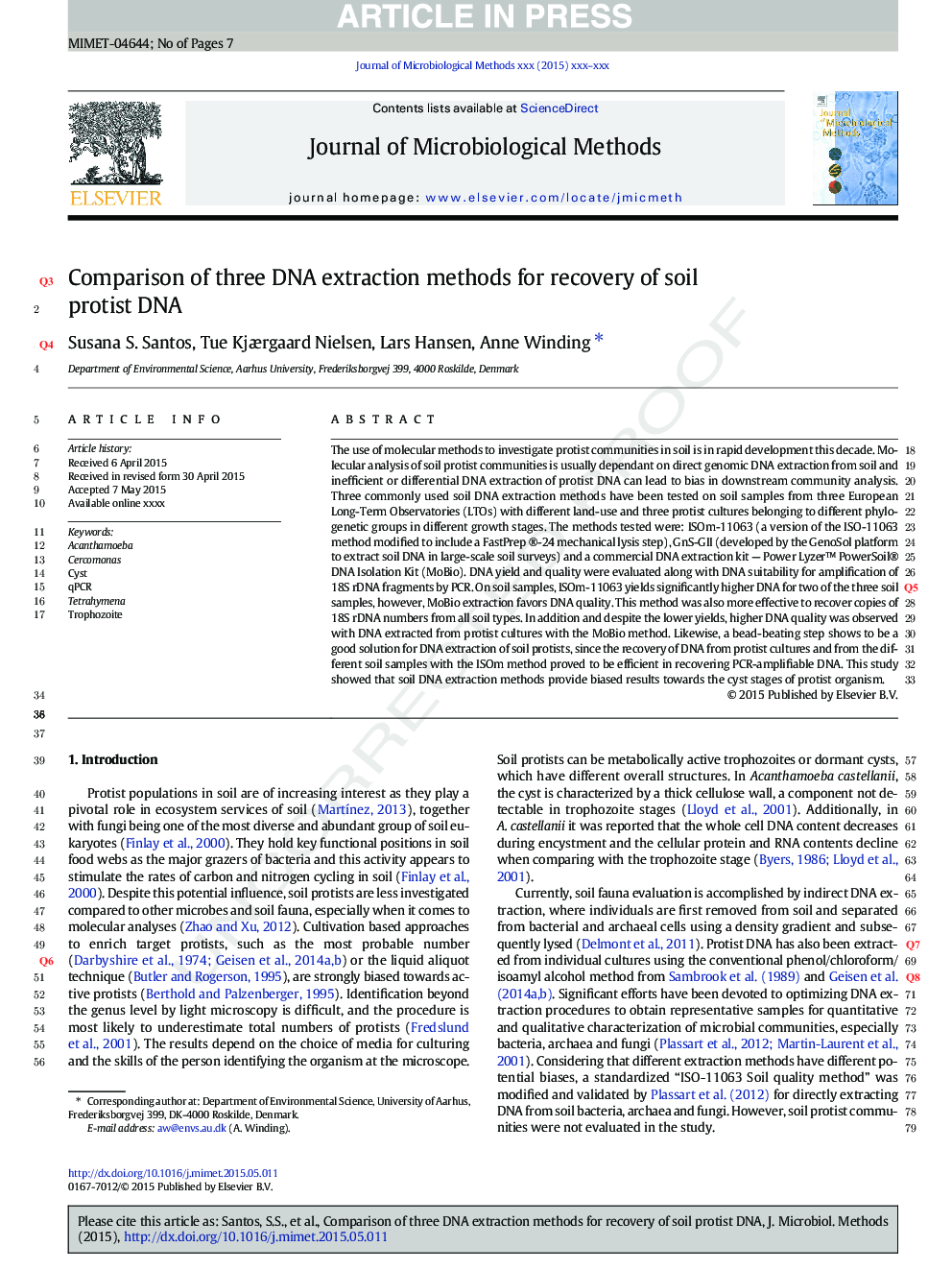 Comparison of three DNA extraction methods for recovery of soil protist DNA