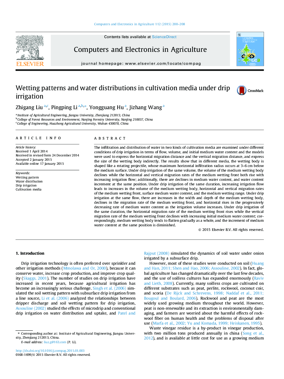 Wetting patterns and water distributions in cultivation media under drip irrigation