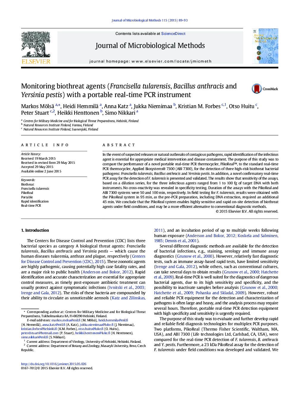 Monitoring biothreat agents (Francisella tularensis, Bacillus anthracis and Yersinia pestis) with a portable real-time PCR instrument