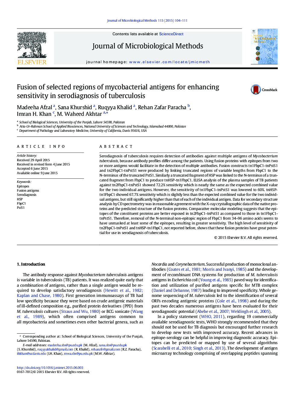 Fusion of selected regions of mycobacterial antigens for enhancing sensitivity in serodiagnosis of tuberculosis