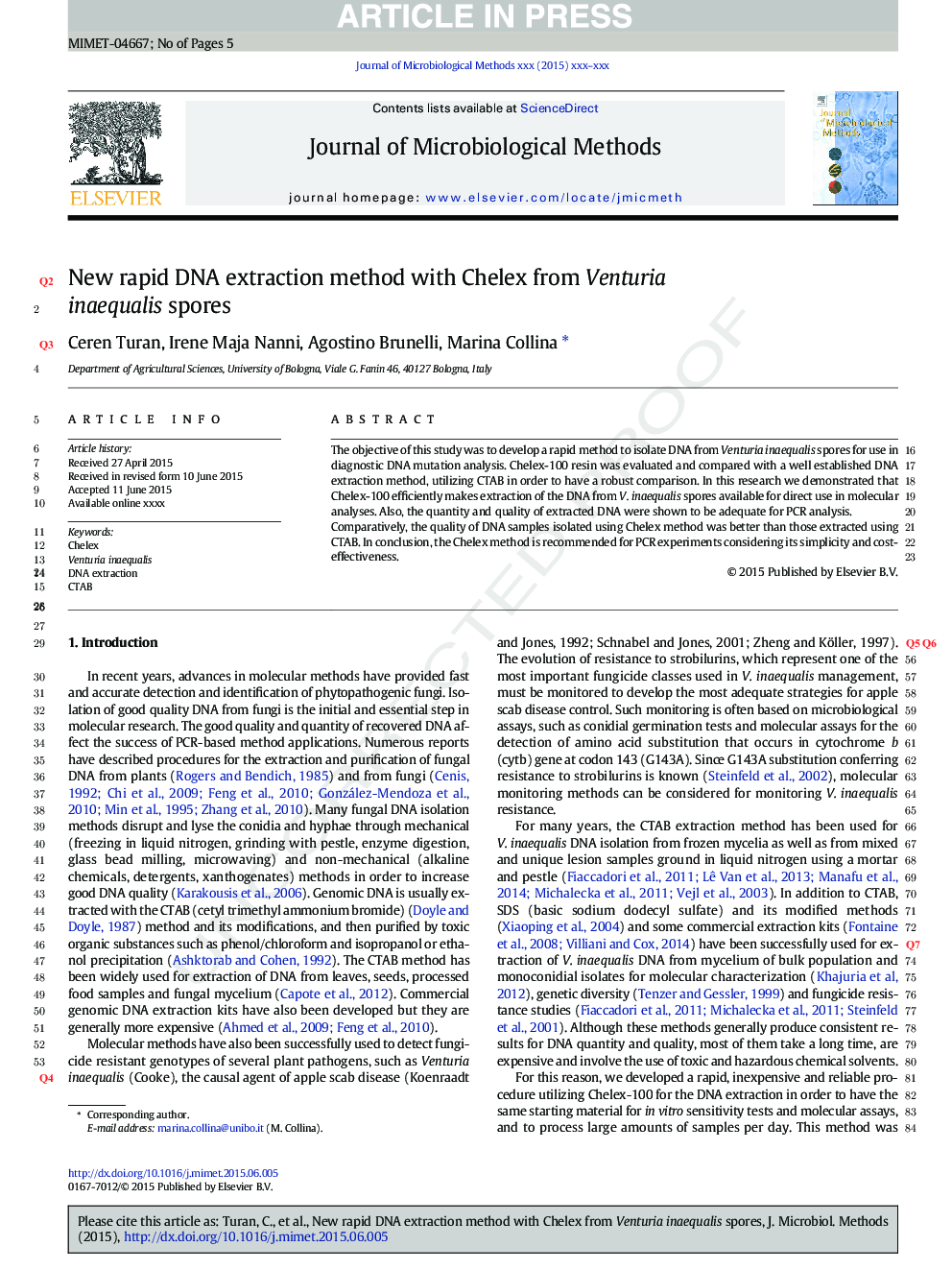 New rapid DNA extraction method with Chelex from Venturia inaequalis spores