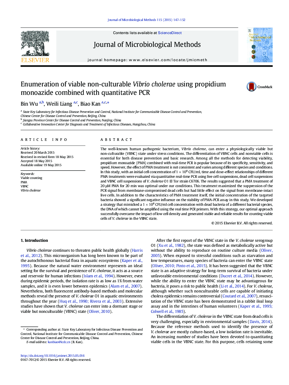 Enumeration of viable non-culturable Vibrio cholerae using propidium monoazide combined with quantitative PCR