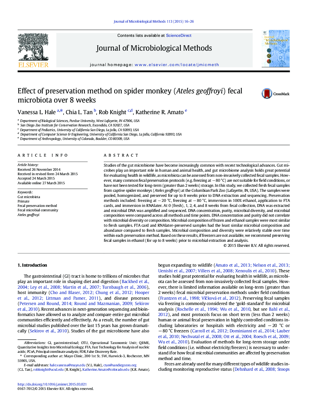 Effect of preservation method on spider monkey (Ateles geoffroyi) fecal microbiota over 8Â weeks