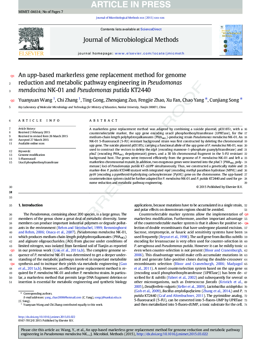 An upp-based markerless gene replacement method for genome reduction and metabolic pathway engineering in Pseudomonas mendocina NK-01 and Pseudomonas putida KT2440