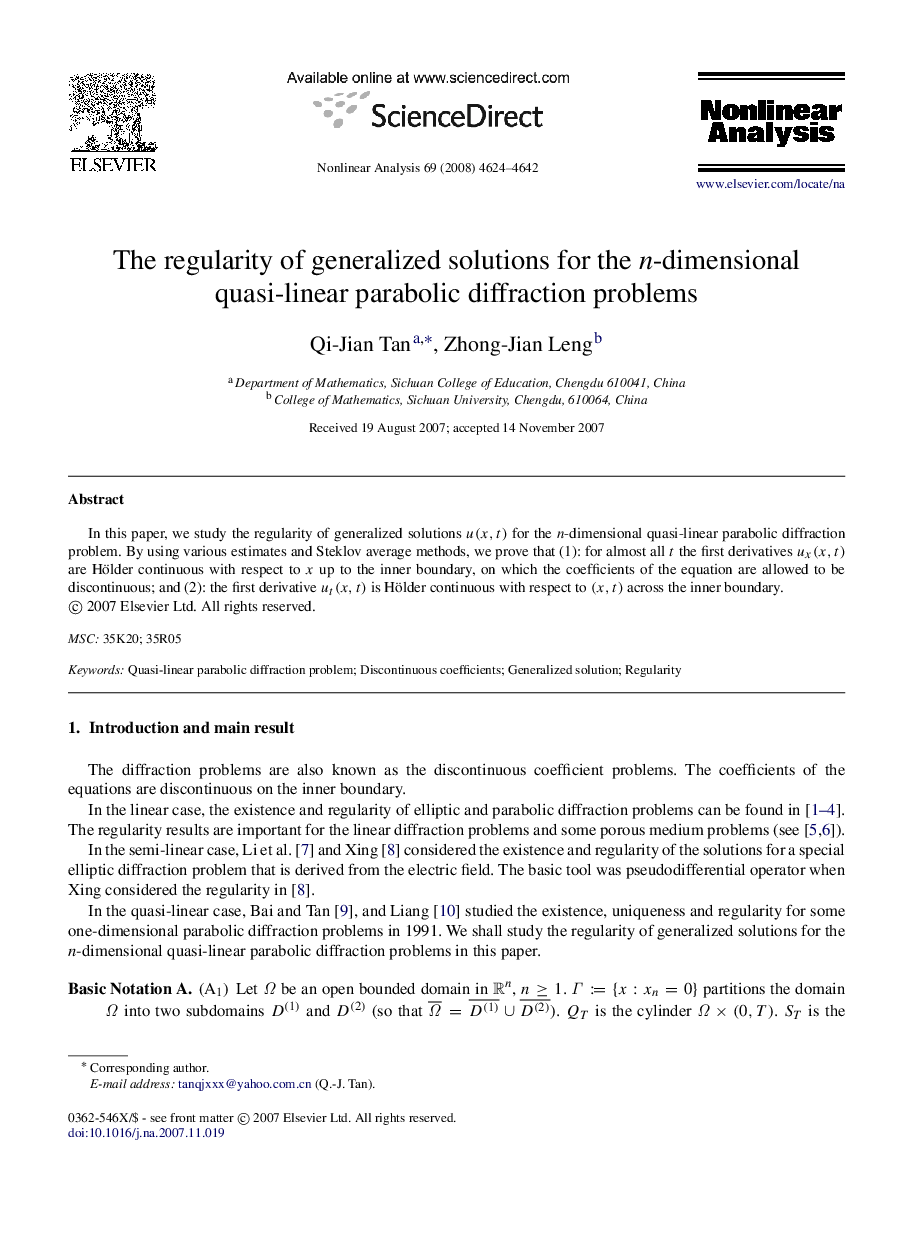 The regularity of generalized solutions for the n-dimensional quasi-linear parabolic diffraction problems