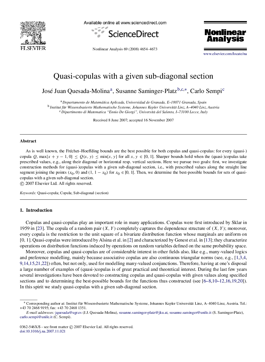 Quasi-copulas with a given sub-diagonal section