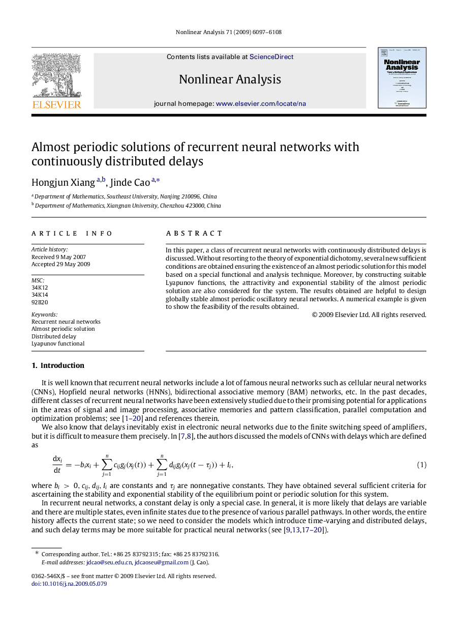 Almost periodic solutions of recurrent neural networks with continuously distributed delays