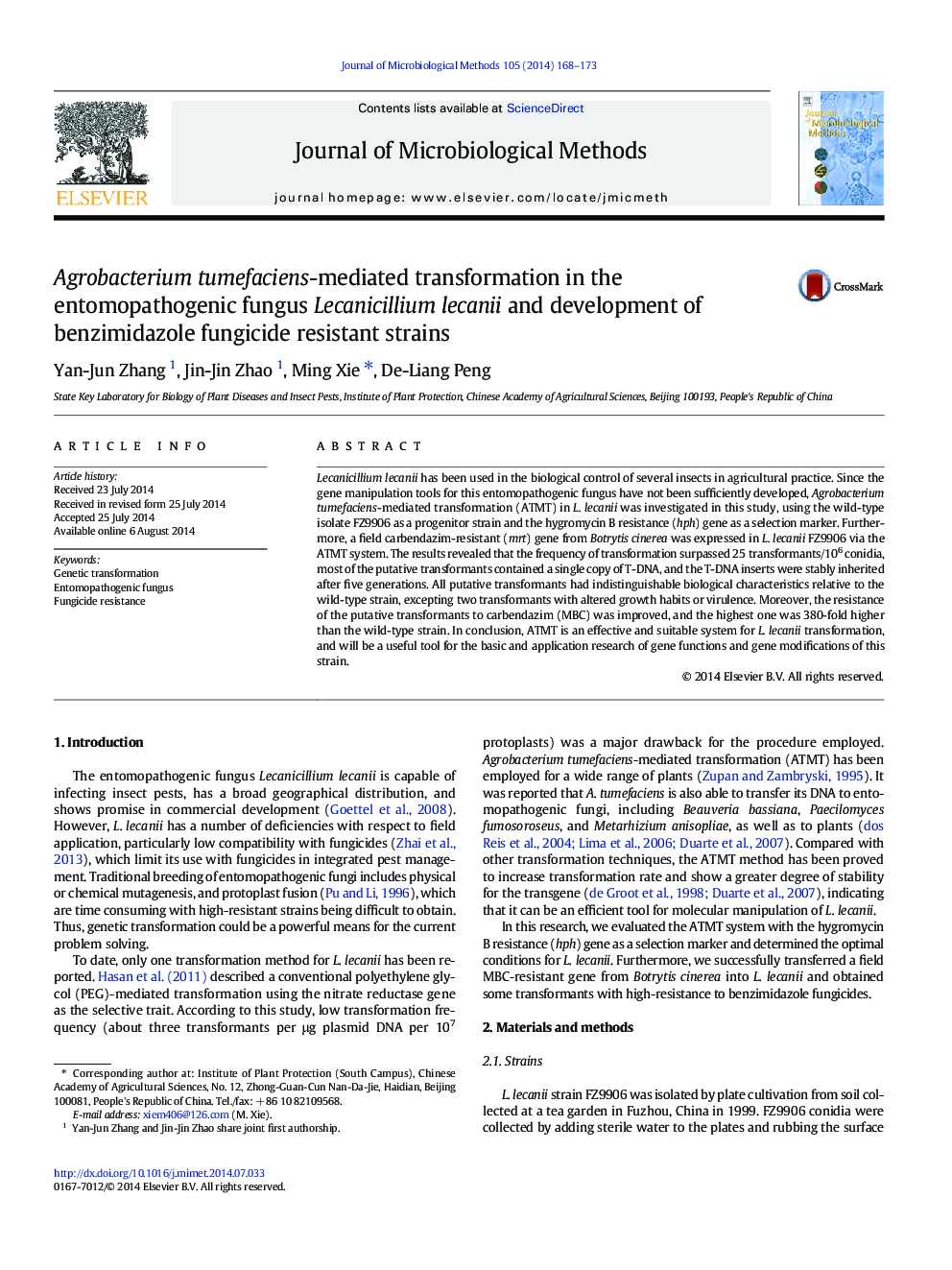 Agrobacterium tumefaciens-mediated transformation in the entomopathogenic fungus Lecanicillium lecanii and development of benzimidazole fungicide resistant strains