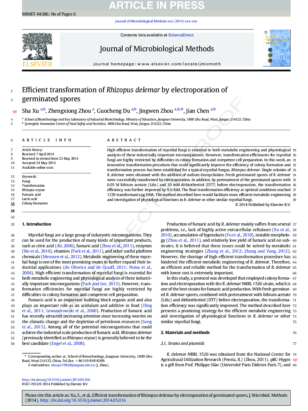 Efficient transformation of Rhizopus delemar by electroporation of germinated spores