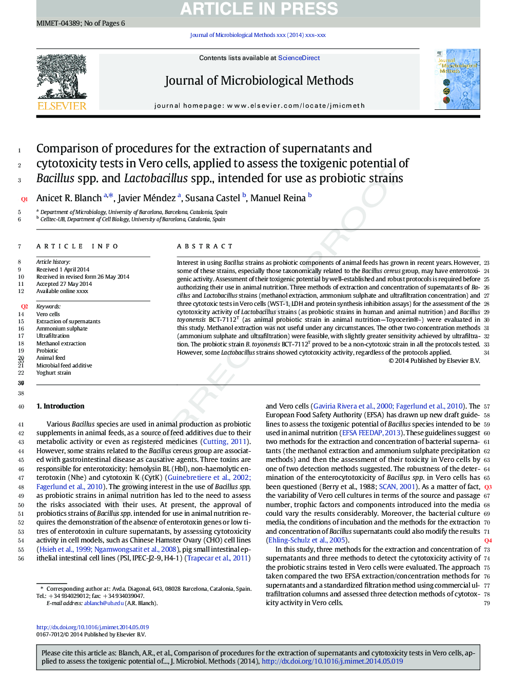 Comparison of procedures for the extraction of supernatants and cytotoxicity tests in Vero cells, applied to assess the toxigenic potential of Bacillus spp. and Lactobacillus spp., intended for use as probiotic strains