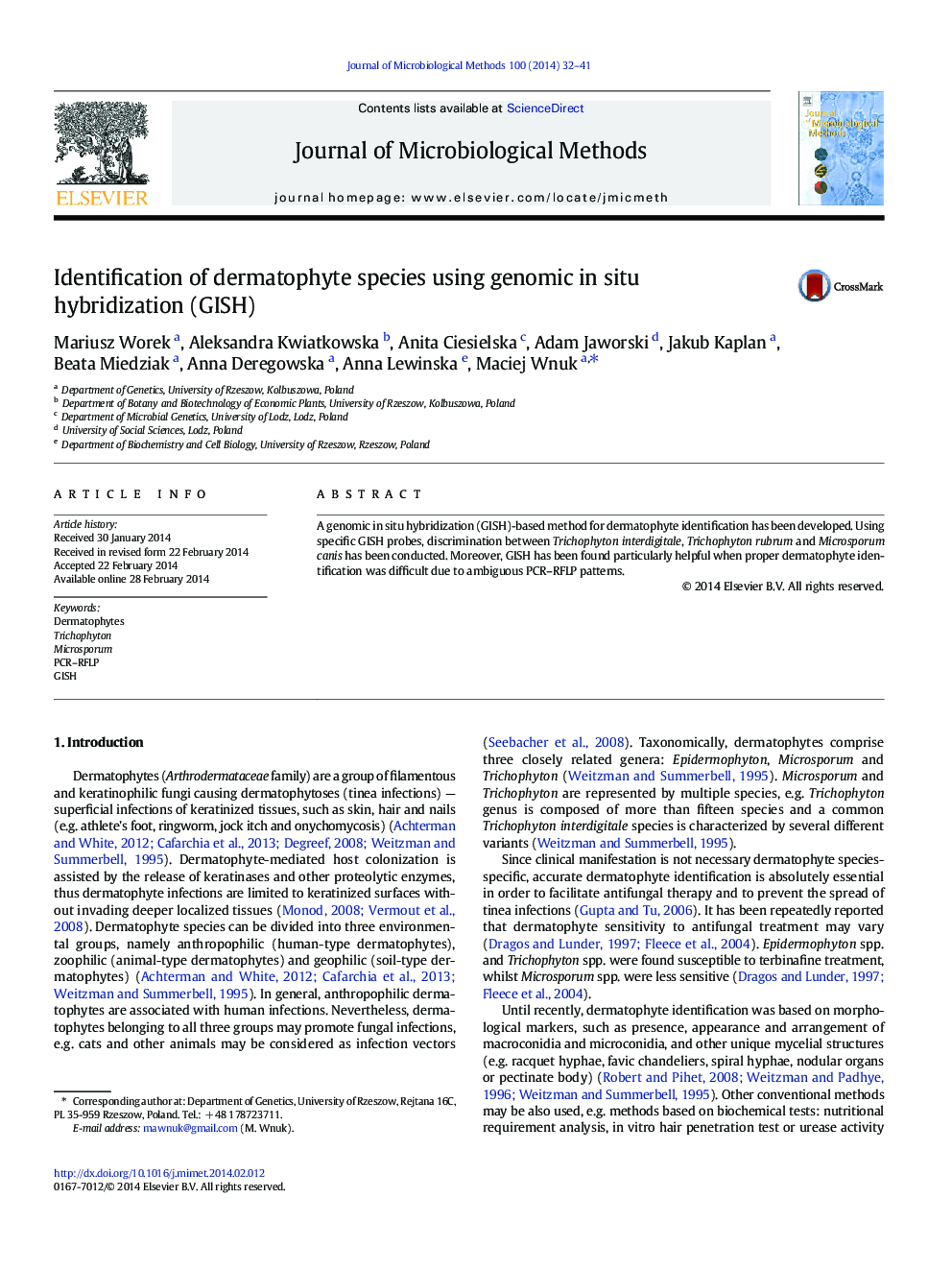 Identification of dermatophyte species using genomic in situ hybridization (GISH)