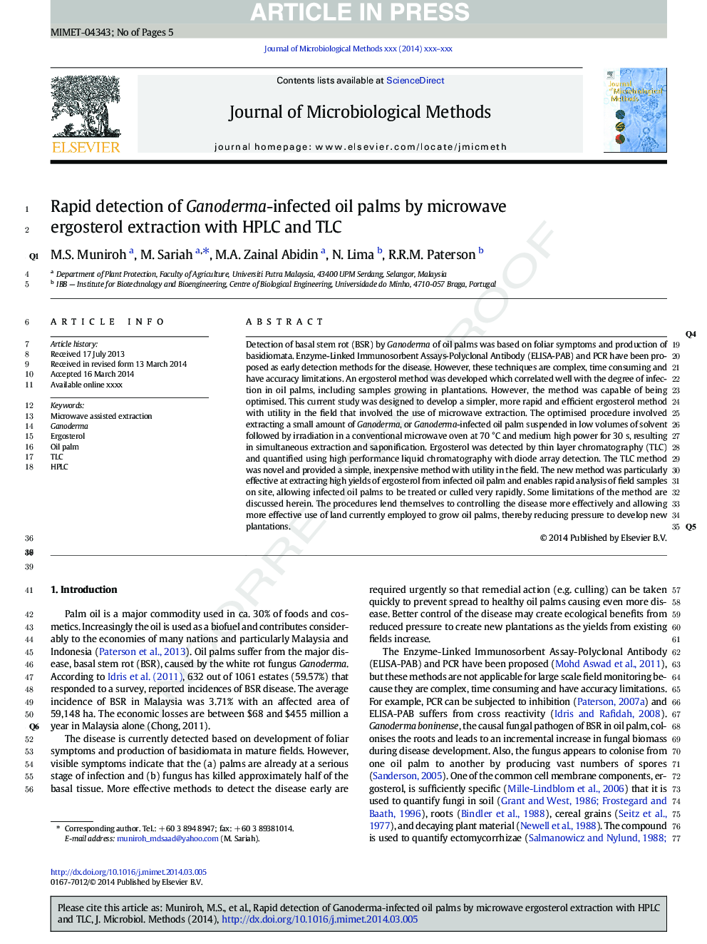 Rapid detection of Ganoderma-infected oil palms by microwave ergosterol extraction with HPLC and TLC