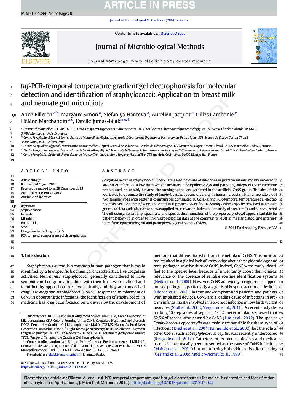 tuf-PCR-temporal temperature gradient gel electrophoresis for molecular detection and identification of staphylococci: Application to breast milk and neonate gut microbiota