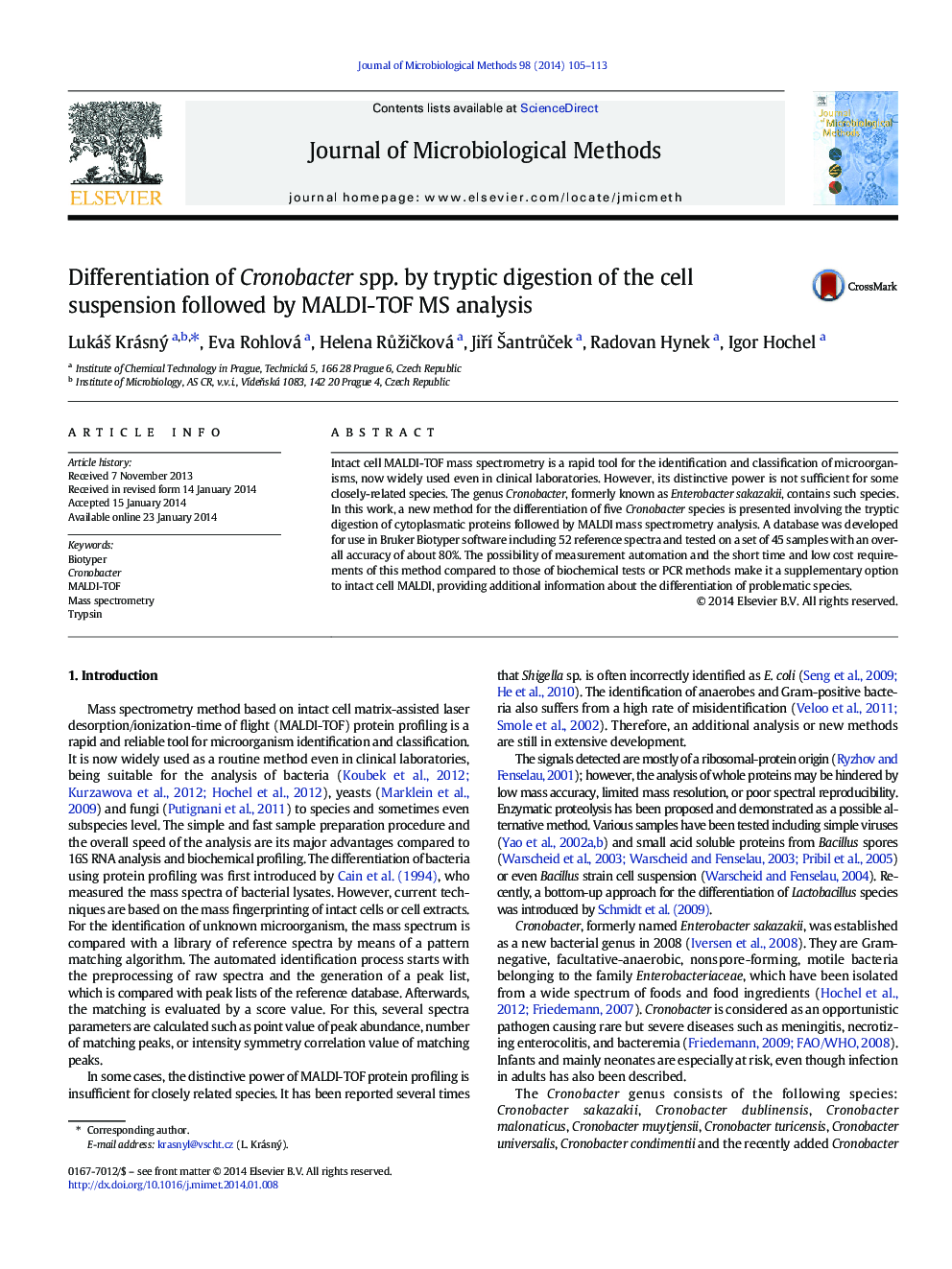 Differentiation of Cronobacter spp. by tryptic digestion of the cell suspension followed by MALDI-TOF MS analysis