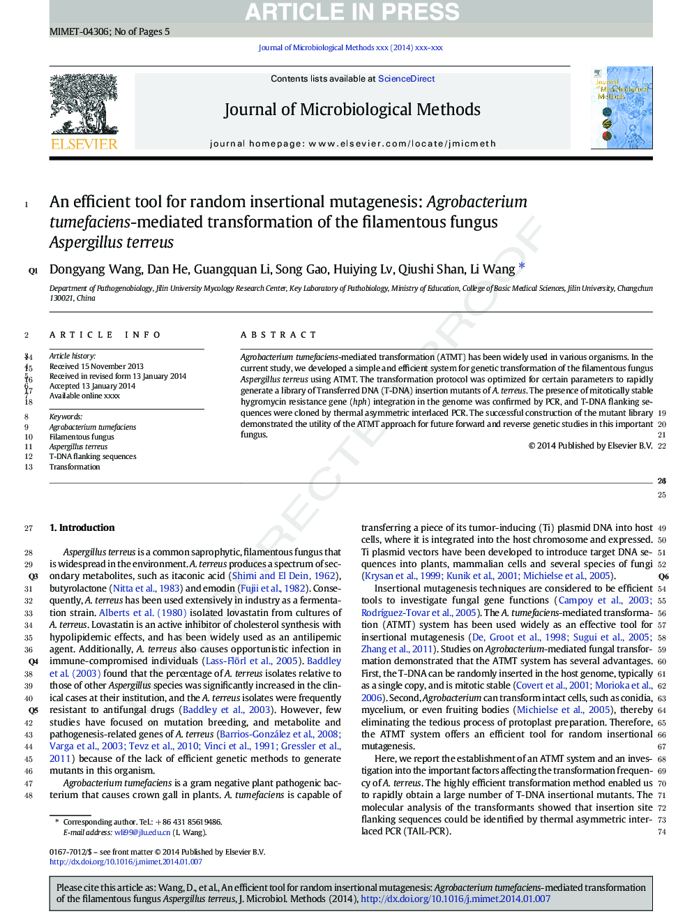 An efficient tool for random insertional mutagenesis: Agrobacterium tumefaciens-mediated transformation of the filamentous fungus Aspergillus terreus