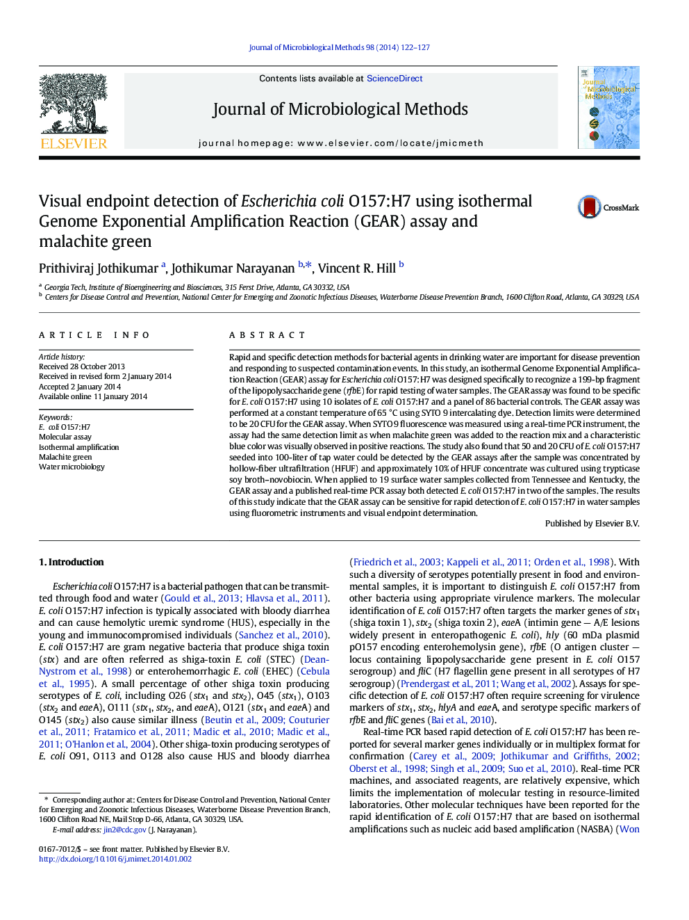 Visual endpoint detection of Escherichia coli O157:H7 using isothermal Genome Exponential Amplification Reaction (GEAR) assay and malachite green