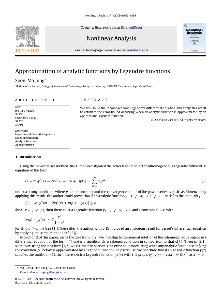 Approximation of analytic functions by Legendre functions