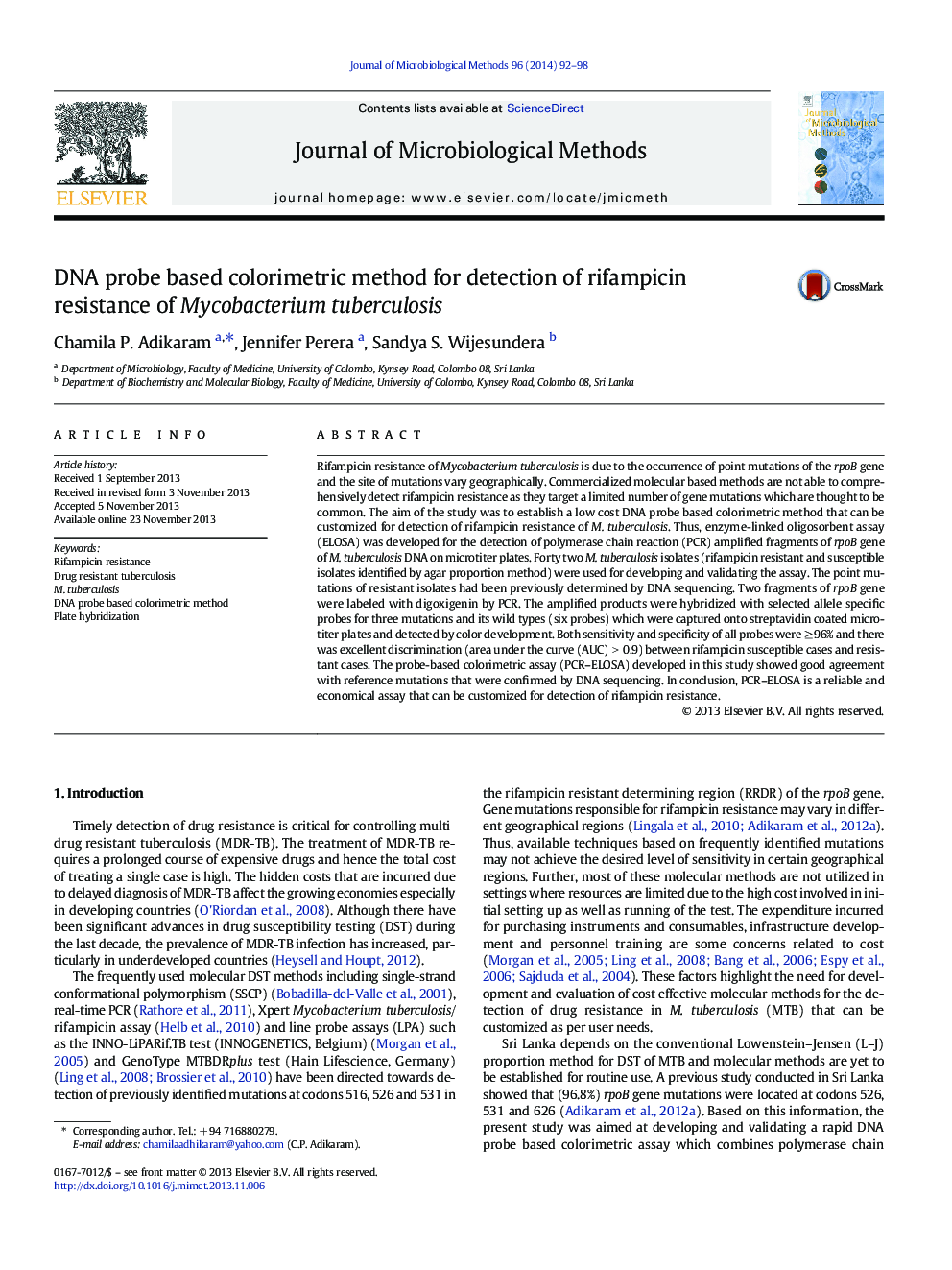 DNA probe based colorimetric method for detection of rifampicin resistance of Mycobacterium tuberculosis