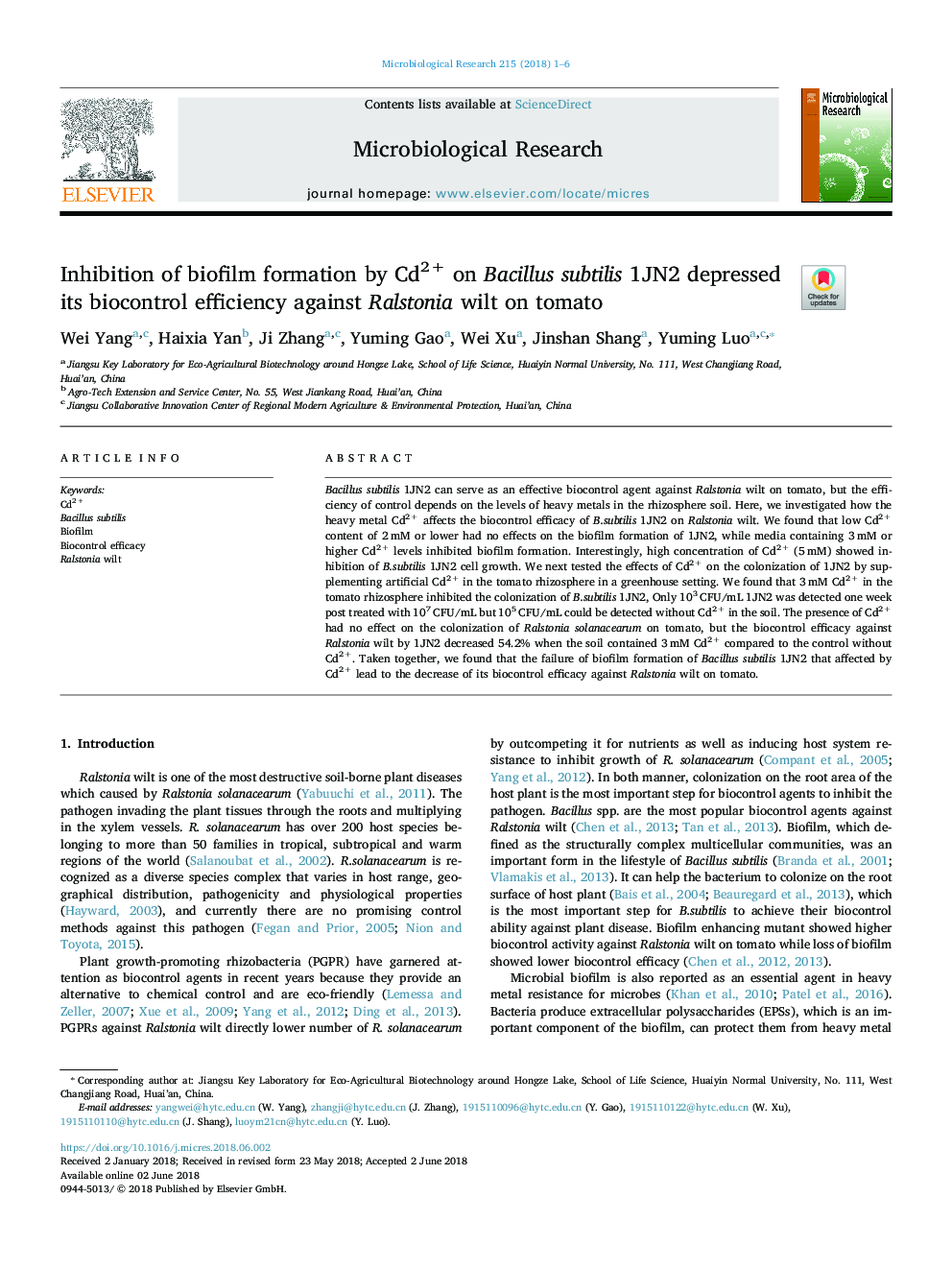 Inhibition of biofilm formation by Cd2+ on Bacillus subtilis 1JN2 depressed its biocontrol efficiency against Ralstonia wilt on tomato