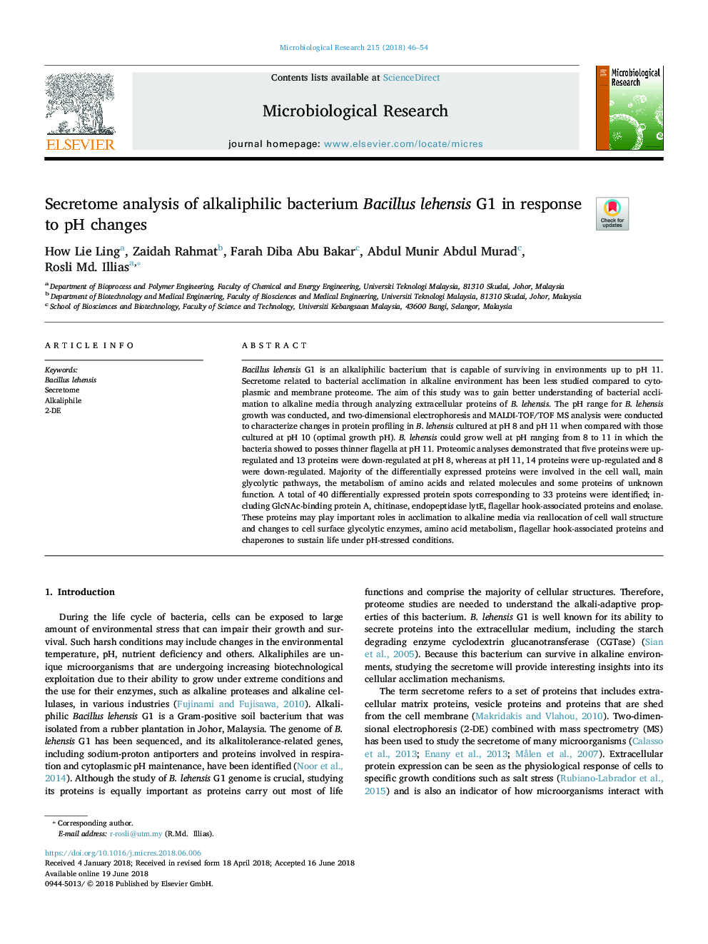 Secretome analysis of alkaliphilic bacterium Bacillus lehensis G1 in response to pH changes