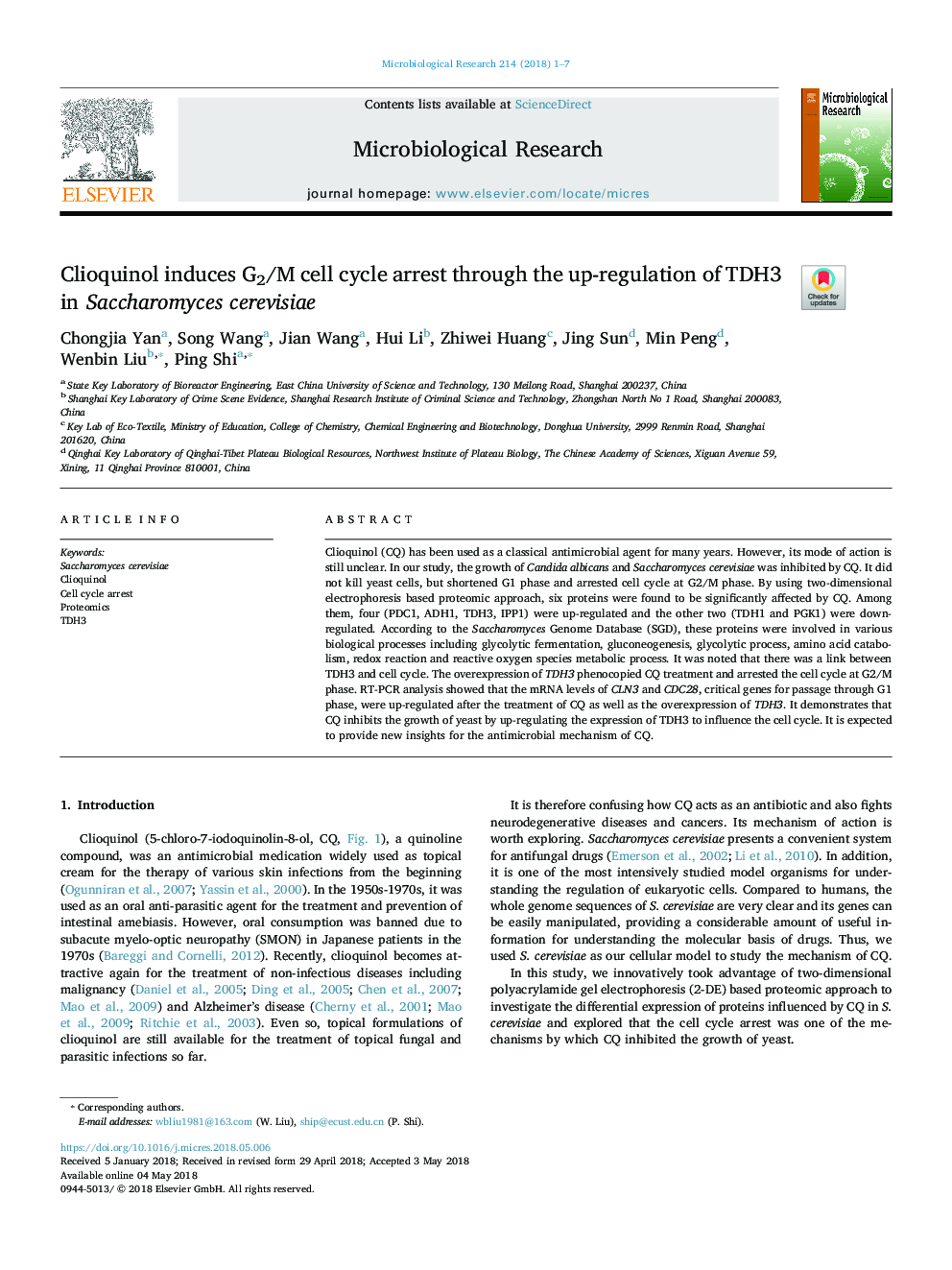 Clioquinol induces G2/M cell cycle arrest through the up-regulation of TDH3 in Saccharomyces cerevisiae