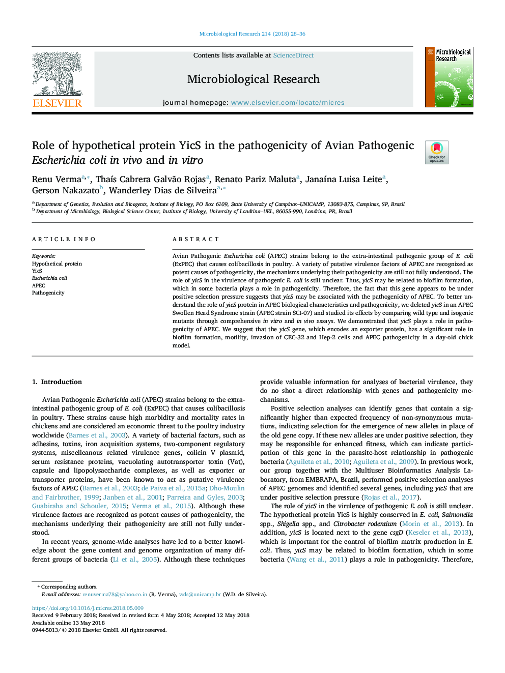 Role of hypothetical protein YicS in the pathogenicity of Avian Pathogenic Escherichia coli in vivo and in vitro