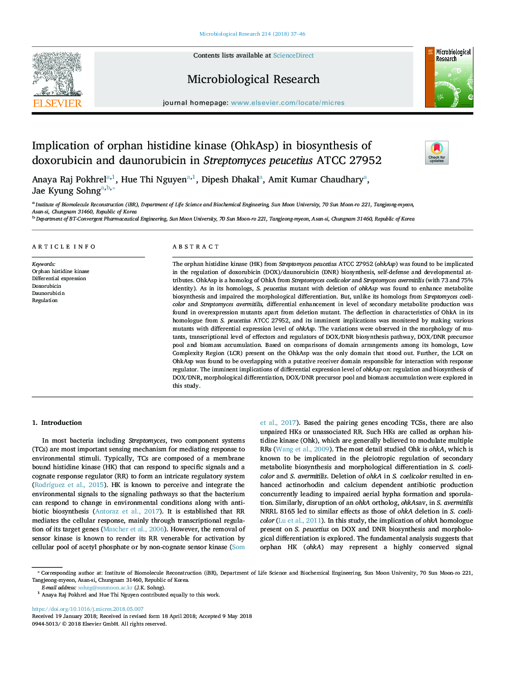 Implication of orphan histidine kinase (OhkAsp) in biosynthesis of doxorubicin and daunorubicin in Streptomyces peucetius ATCC 27952