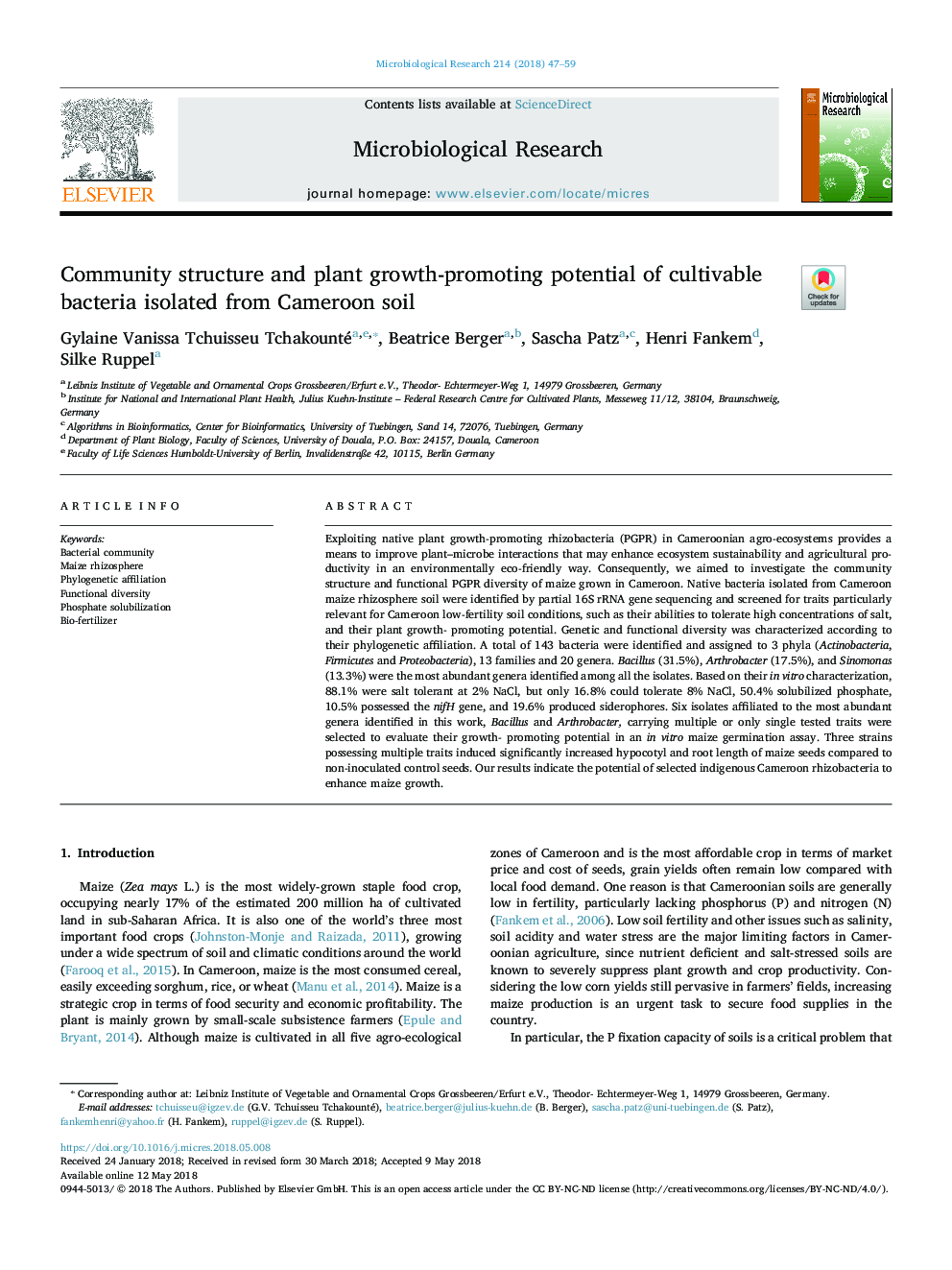 Community structure and plant growth-promoting potential of cultivable bacteria isolated from Cameroon soil