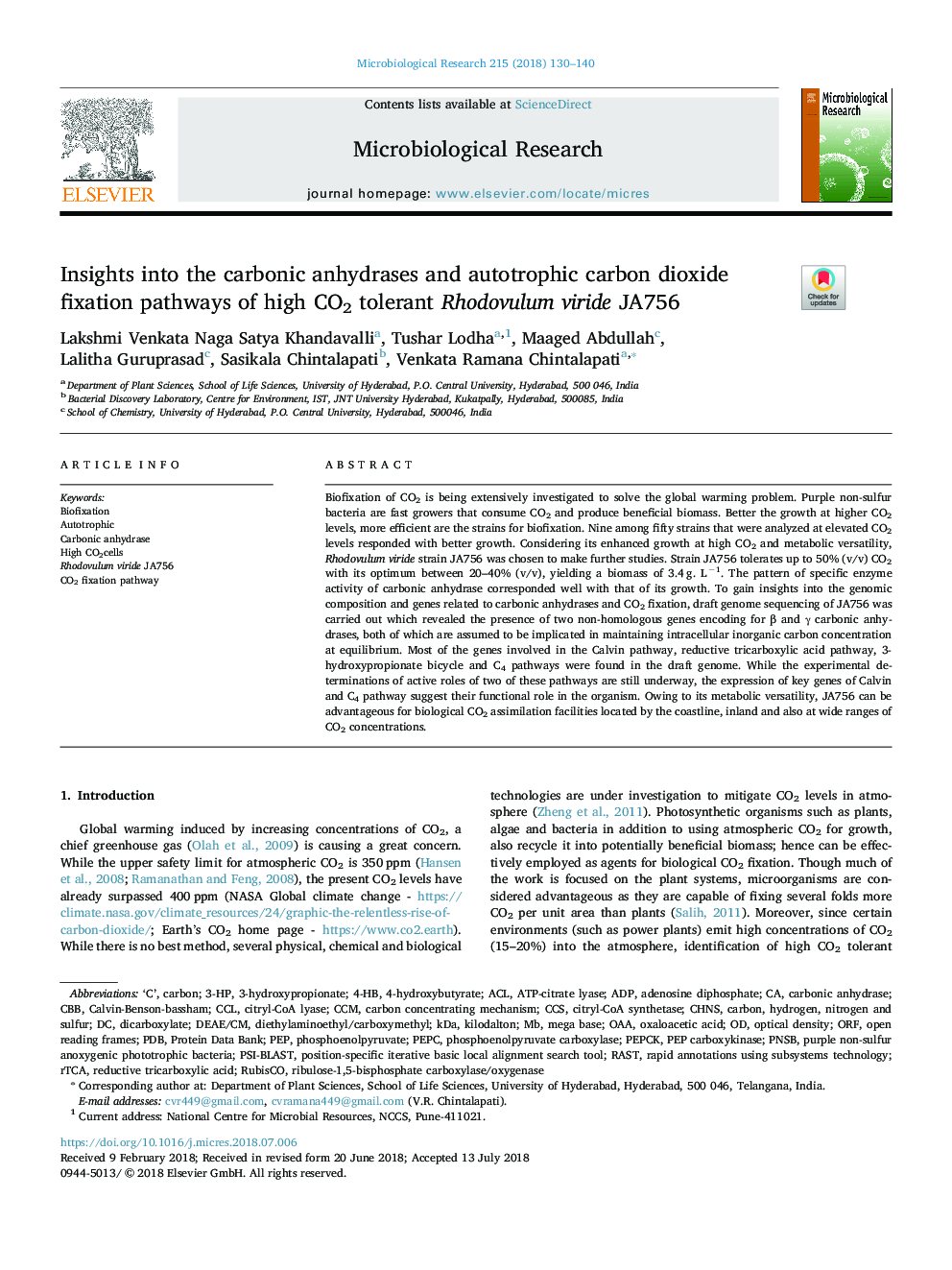 Insights into the carbonic anhydrases and autotrophic carbon dioxide fixation pathways of high CO2 tolerant Rhodovulum viride JA756