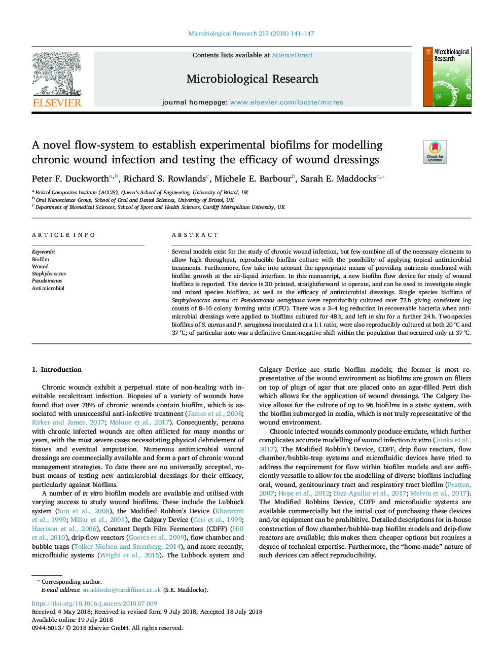 A novel flow-system to establish experimental biofilms for modelling chronic wound infection and testing the efficacy of wound dressings